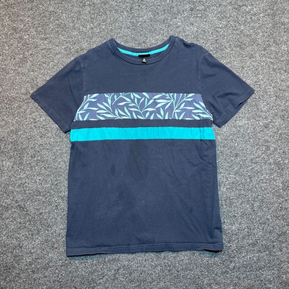 Mossimo Mens Navy Blue Teal Leaf Stripe Graphic T-Shirt Size M